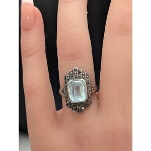 Vintage Victorian Sterling Light Blue Glass Marcasite Ring Size 6